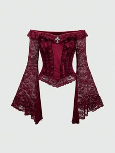 Gothic Retro Splice Lace Flare Sleeve Off Shoulder Velvet Blouse For Women Burgundy Elegant  Long Sleeve Lace Plain  Non-Stretch  Women Clothing, size features are:Bust: ,Length: ,Sleeve Length: Vampire Life, Corset Fashion Outfits, Vampire Clothes, Thrift Store Outfits, Red Gothic, Medieval Clothes, Velvet Blouse, Island Fashion, Corset Fashion