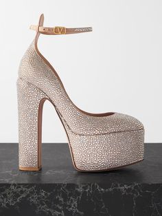 VALENTINO GARAVANI Crystal-embellished suede platform pumps | NET-A-PORTER Valentino Pumps, Too Much Pressure, Valentino Garavani Shoes, Elegant Sandals, Silver Pumps, Glitter Heels, The Arch, Valentino Shoes, Chic Bags