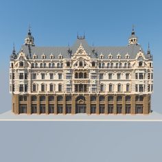 an architectural model of a large building with many windows and balconies on top