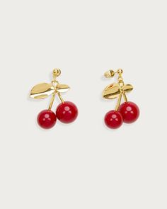 Cherry Bomb Earrings - En Route Jewelry En Route Jewelry, Cherry Design, Golden Leaf, Cherry Earrings, Plain White Tee, Romantic Jewellery, Golden Earrings, Red Cherry, Golden Leaves