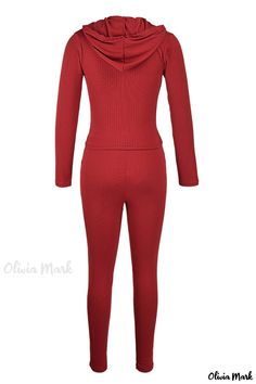 Olivia Mark - Womens Red Casual Solid Basic Hooded Collar Long Sleeve Two-Piece Set with Zipper Closure Casual Red Long Sleeve Jumpsuit, Casual Red Long Sleeve Jumpsuits And Rompers, Red Long Sleeve Jumpsuits And Rompers For Loungewear, Red Long Sleeve Jumpsuit For Loungewear, Long Sleeve Suit, Khaki Fashion, Mens Khakis, Casual Sets, Two Piece Sets