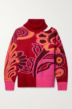 Farm Rio may be best known for its vibrant resortwear but this sweater provides the same feel-good hit thanks to the joyful color palette. It's intarsia-knitted with a touch of wool and patterned with bold swirling flowers. Notice the alluring cutout along the left shoulder. Graphic Knit Sweater, Novelty Sweater, Fox Sweater, Sweater Trends, Knit Turtleneck, Sweater Boots, Knit Turtleneck Sweater, Block Printing, Jacquard Knit