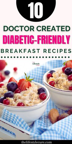 two bowls filled with oatmeal and berries on top of a blue checkered cloth