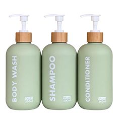 PRICES MAY VARY. THIS SET INCLUDES: 3 elegantly designed plastic bottles for shampoo, conditioner, and body wash. It also comes with a free funnel. SUSTAINABLE AND QUALITY MATERIALS: We use high-quality sustainable plastic for the refillable shampoo and conditioner bottles. The lid is made from natural bamboo. We hold high standards for our quality control process. MODERN DESIGN: The matte texture, classic shape, and modern matcha green color along with the natural bamboo lid will bring timeless Shampoo And Conditioner Dispenser, Shampoo And Conditioner Bottles, Shower Soap Dispenser, Lotion Containers, Shampoo Dispenser, Shampoo Bottles, Shower Soap, Lotion Dispenser, Bathroom Set