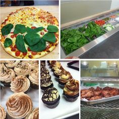 several different pictures of food including pizzas, salads and cupcakes on display