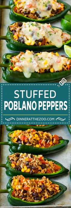 stuffed poblano peppers are loaded with mexican rice, beans, and other toppings