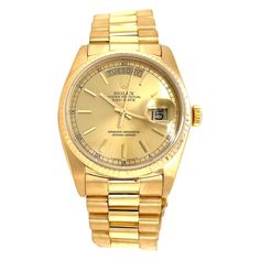 In rich eighteen karat 18K yellow gold, enjoy this iconic Rolex President 3055 Oyster Perpetual Day Date 36mm Men's Luxury Wrist Watch Model 18038. Circa 1983, this iconic style by Rolex style was worn by many of the influential movers and shakers of the period. This sophisticated timepiece, with champagne face, tritium hands, lumen dots, black chapter ring, fluted bezel and scratch resistant sapphire crystal is powered by a Swiss automatic movement 0642199. The signature Rolex 18 karat gold Pre Bracelet Box, Oyster Perpetual, Mens Luxury, Watch Model, Wristwatch Men, Rolex, Style Icons, Wrist Watch, Jewelry Watches