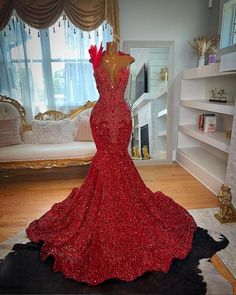 Ruby Red Long African Evening Formal Dress Luxury Sparkly Diamond Crystal Velvet Mermaid Black Girl Redprom Dress, Red Sleeveless Prom Dress, Red And Silver Dress, Red And Gold Prom Dress, Red Prom Dresses Long, Prom Essentials, Prom Fits, Beaded Wedding Dresses