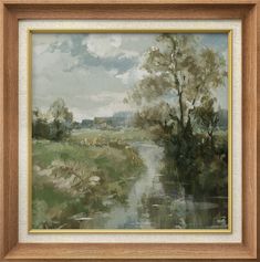 an oil painting of a river with trees and clouds in the background, framed on wood