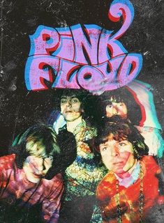 the band pink floyd posing for a photo in front of graffiti on a black background