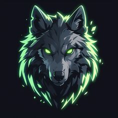 a wolf's head with glowing green eyes