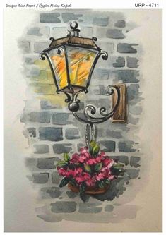 a drawing of a street light with flowers on the wall and potted plant next to it