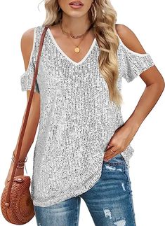 100+Taylor Swift Concert Outfit Ideas For Moms: Wear This!! – Festival Attitude Queen Concert, Sparkly Shirt, V Neck Blouses, Batwing Sleeve Shirt, Glitter Shorts, Summer Tee Shirts