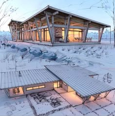 an artist's rendering of a house in the snow