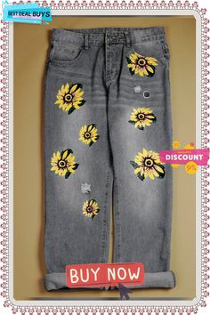 Casual Denim Printed Jeans Gray Wide Leg Jeans For Summer, Gray Non-stretch Jeans For Summer, Non-stretch Gray Jeans For Summer, Gray Denim Pants For Spring, Casual Yellow Jeans For Spring, Casual Yellow Mid-rise Jeans, Yellow Casual Jeans For Spring, Spring Gray Denim Jeans, Yellow Denim Bottoms For Fall