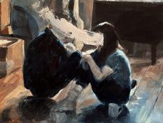 a painting of two people sitting on the floor