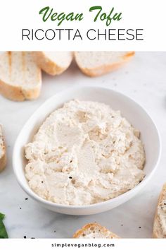 vegan tofu ricotta cheese in a white bowl on a marble countertop