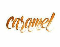 the word caramel written in cursive writing with orange ink on a white background