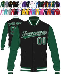 PRICES MAY VARY. 👍Comfortable Material: This custom baseball jacket is made of 100% polyester, soft, lightweight, keeps warm. With advanced printing technology, clear and beautiful, will not fade or deform due to use and washing. 🏃Flexible and Unique Design: The customizable jacket available in 32 styles of colors, can be customized on both sides with your name and number printed, and the left sleeve can also be personalized with logo patch or text. ❄Multiple Sizes: S-6XL for Men, S-4XL for Wo Long Sleeve Varsity Jacket With Team Name For Sports, Black Long Sleeve Varsity Jacket For Baseball Season, Casual Varsity Jacket With Team Name For Sports Events, Casual Varsity Jacket With Team Name, Casual Varsity Jacket For Sports Events, Varsity Windbreaker With Baseball Collar, Varsity Windbreaker With Baseball Collar For Sports, Team Spirit Varsity Jacket With Letter Print, Customizable Long Sleeve Winter Outerwear