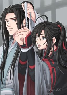 two anime characters holding swords in their hands