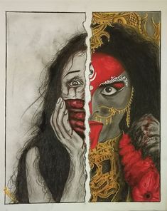 a drawing of two women with their faces painted red and black, one is holding her hand to her face