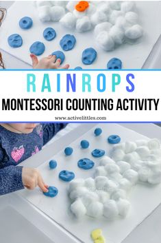 a toddler playing with montessoi counting activity in the raindrops game