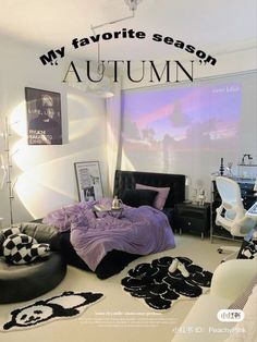 the bedroom is decorated in black and white, with purple accents on the bedding