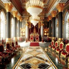 an elaborately decorated room with red and gold chairs