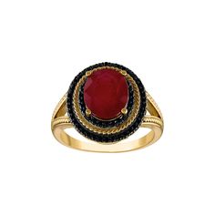 Adorned with an oval-cut ruby stone and accented by halos of black spinel accents, this Tiara ring is simply gorgeous. Adorned with an oval-cut ruby stone and accented by halos of black spinel accents, this Tiara ring is simply gorgeous. Nickel free Metal: sterling silver Packaging: boxed Plating: 14k gold Width: 16 mm Finish: polishedSTONE DETAILS Stone type: ruby Total weight: 3 7/8 ct. Center stone weight: 3 1/2 ct. Center stone size: 10 mm x 8 mm Shape: oval Setting: prong Gemstones may have Black Ruby Anniversary Ring, Elegant Black Ruby Ring, Black Round Ruby Ring, Round Black Ruby Ring, Formal Black Rings With Ruby, Black Ruby Ring For Anniversary, Formal Oval Cluster Ring With Gemstone Accents, Formal Oval Ruby Ring With Gemstone Accents, Oval Ruby Ring With Diamond Accents