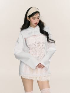 Hop into a world of cuteness with our adorable Bunny Ear Hoodie! This charming hoodie features delightful bunny ear decorations on the hood, adding a playful touch to your outfit. The hoodie is intricately stitched with delicate lace, creating a harmonious blend of comfort and elegance. Further enhancing its unique design, it includes fishbone structure decor that adds a whimsical twist. The hemline is adorned with beautiful lace trim, making this hoodie a perfect choice for those who love to mi Kawaii Hooded Top For Spring, Spring Harajuku Hooded Sweatshirt, Spring Cotton Kawaii Hoodie, Kawaii Hoodie For Spring Streetwear, Kawaii White Hoodie For Spring, Harajuku Style Hooded Spring Top, White Kawaii Hoodie With Drawstring, Harajuku Hoodie With Drawstring Hood For Spring, Spring Harajuku Hoodie With Drawstring Hood