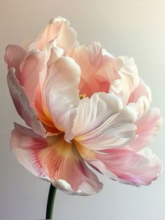 two large pink and white flowers in a vase on a table with light colored background