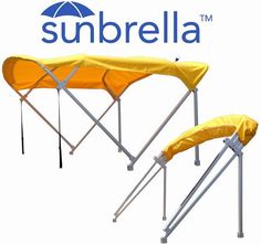 the sunbrella portable shelter is yellow and has two umbrellas attached to it