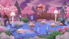 an animated scene with flowers, trees and a bridge in the middle of a pond