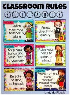 classroom rules for students to use in their own language and writing skills, with pictures of children