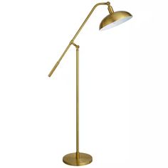 a gold metal floor lamp with a white light on the top and an adjustable arm