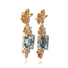 These Retro era earrings feature two emerald-cut citrines, weighing 9.11 carats and 8.45 carats respectively. The citrines are set in prongs within a floral openwork design handcrafted in 18k yellow gold. Round brilliant cut diamonds are set vertically above and below the center stones. Additional diamonds are set on the earring closures. The total diamond weight of these earrings is approximately 0.20 carats. These earrings are vintage, circa 1940. If you have any questions about the Florence e Formal Topaz Earrings, Luxury Octagon Gemstone Earrings, Classic Formal Topaz Earrings, Classic Topaz Earrings For Formal Occasions, Luxury Topaz Earrings For Formal Occasions, Formal Topaz Earrings For Pierced Ears, Elegant Octagon Earrings For Formal Occasions, Luxury Topaz Drop Earrings, Formal Topaz Earrings With Prong Setting