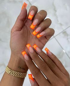 neon nails long nails acrylics french manicure orange nail art nude summer nails cute nails square tip speing holiday nails bright colour nail inspo 2022 High French Nails, Long Square Nails Summer, 2023 Nail Trends Square, Orange Short Nail Designs, Long Square Summer Nails, Square Nails Colorful, Nails Acrylic French Tip Color, Neon Orange And Pink Nails, Orange And Red Nails