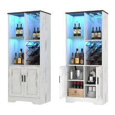 two white cabinets with bottles and glasses in them, one is open to show the contents