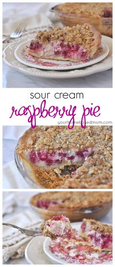 this is an image of a pie with crumbled toppings on it and the words sour cream raspberry pie below