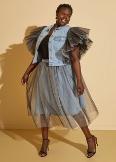 Our denim pencil skirt gives major glamour with the silvery and black tulle overlay. Spring Party Denim Skirt, Spring Party Stretch Denim Skirt, Spring Tulle Skirt For Night Out, Spring Night Out Tulle Skirt, Denim Skirt Plus Size, Plus Size Denim Skirt, Midi Skirt Plus Size, Skirts Plus Size, Midi Denim Skirt