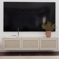 a plant is sitting on top of a white cabinet in front of a flat screen tv