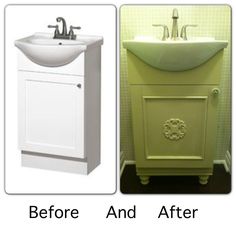 before and after pictures of a bathroom sink with the same color as it appears in this image