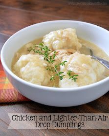 chicken and lighter than air drop dumplings in a white bowl