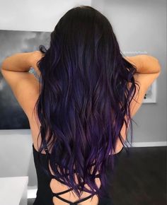 Purple Color On Black Hair, Streaks Of Blue In Hair, Dark Brown Hair With Pop Of Color, Purple Hair On Black Hair, Dark Fun Hair Color Ideas, Fun Black Hair Color Ideas, Dark Brown And Purple Hair Balayage, Hair Color Ideas For Dark Hair Balayage, Dark And Purple Hair