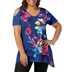 Plus Size Cold Shoulder Splatter Paint T-shirt - Blue - 3T24030629 - Women's Clothing, Plus Size Women's Clothing  #PlusSizeWomensClothing #Women's #Clothing # #Plus #Size #Women's #Clothing Paint T Shirt, Cold Shoulder Shirt, Splatter Paint, Oversized Blouse, Trendy Plus Size Clothing, Plus Size Shorts, Plus Size Top, Plus Size Womens Clothing, Fashion Seasons