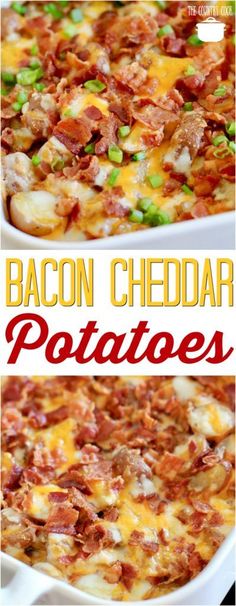 bacon cheddar potato casserole in a white dish with the title above it