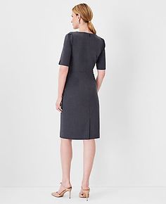 Elevate your wardrobe with the Ann Taylor Petite Elbow Sleeve Square Neck Dress, a testament to timeless elegance and versatility. This modern charcoal dress is expertly tailored to flatter with a square neckline and chic elbow sleeves featuring inverted pleat caps and slit cuffs. Crafted from a blend of 68% polyester, 29% viscose, and 3% spandex, it ensures both comfort and durability. The dress is designed to hit at the knee, measuring 22" from the natural waist, making it an ideal choice for Pleat Sleeve, Charcoal Dress, Pleated Sleeves, Professional Wardrobe, Square Neck Dress, Professional Attire, Selling Clothes, Ann Taylor Dresses, Modern Dress