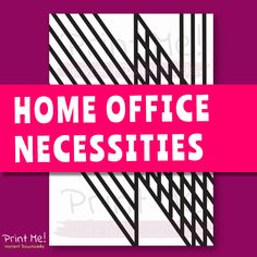 the words home office necessities in pink and black on a purple background with diagonal lines