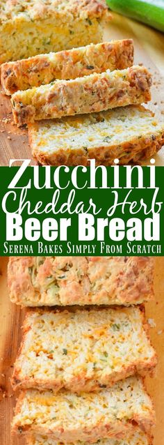 zucchini cheesy bread is sliced on a cutting board with text overlay