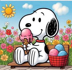 snoopy eating an ice cream cone while sitting on a bench with flowers in the background